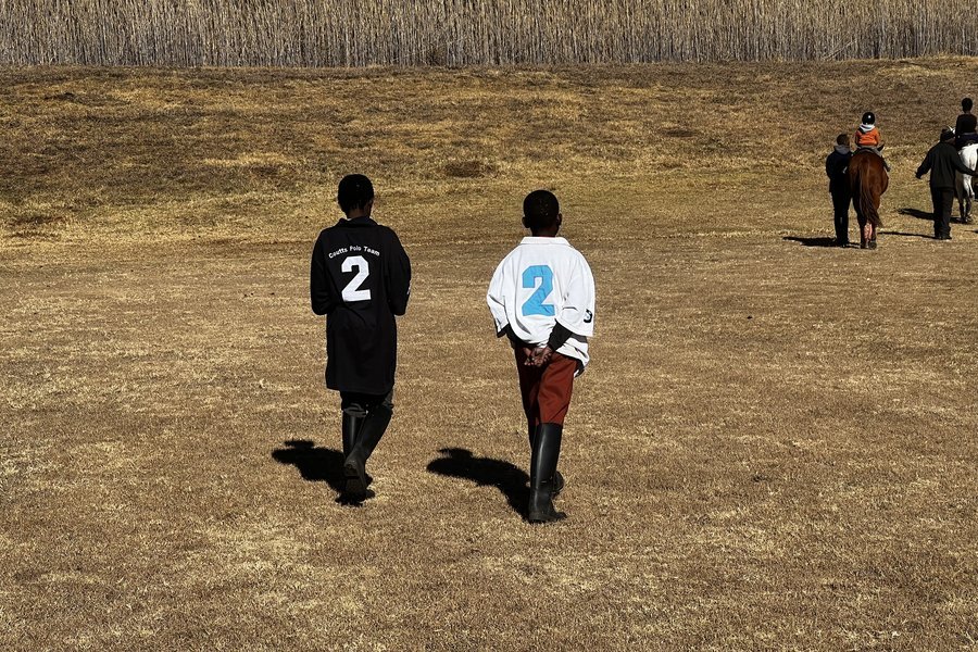 Two scholars walking toward the horses